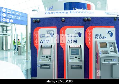 DUBAI, UAE - MARCH 31: travelex atm in airport on March 31, 2014 in Dubai. Travelex Group is a foreign exchange company founded by Lloyd Dorfman and h Stock Photo