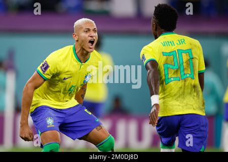 DOHA, 05-12-2022, Stadium , World Cup 2022 in Qatar , Round of 16, game  between Brazil and South Korea, Brazil player Richarlison with Raphinha  after scoring 3-0 (Photo by Pro Shots/Sipa USA Stock Photo - Alamy