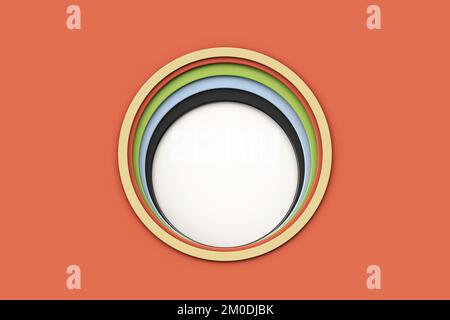 3D realistic background with colorful paper cut round holes. Stacks of paper that have been cut into circles are arranged in size order, smallest to l Stock Photo