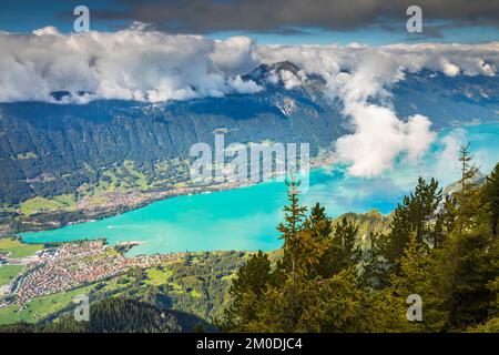 Aerial view of Swiss Alps and Lake Brienz at dramatic sunset, Interlaken Stock Photo