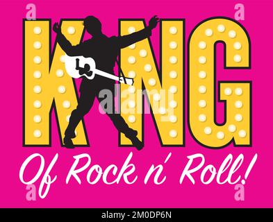 King of Rock and Roll vector illustration logo or badge. Silhouette drawing of retro rockabilly singer with guitar and text. Stock Vector
