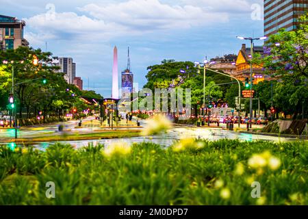 Obelisco. The Obelisk and 9 de Julio Avenue (the widest avenue in the world, with 140 meters) on a rainy day. Buenos Aires, Argentina. Stock Photo