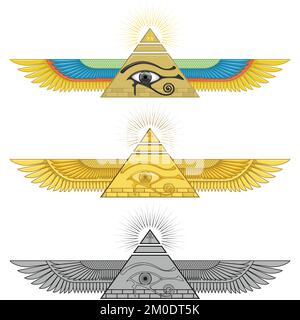 Winged pyramid vector design with eye of horus, ancient egyptian pyramid with wings, winged pyramid, eye of horus, ankh cross Stock Vector