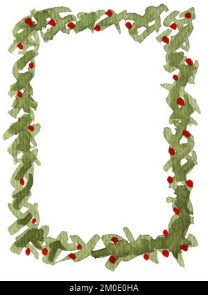 hand painted watercolor green christmas decoration frame with red berries  Stock Photo