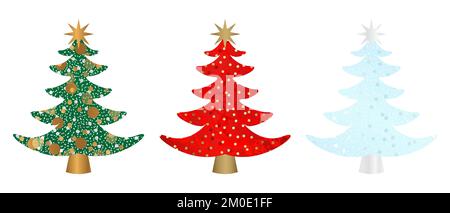 Christmas Tree Collection Isolated . Green, Gold Red and Silver Blue Decoration Stock Vector