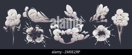 Comic smoke or dust clouds of speed motion, explosion or steam puff. Effects of cigarette fume, burst, bomb explode and speed trail, vector cartoon set isolated on background Stock Vector