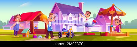 Children playing at house yard, little boys and girls outdoor fun. Kids sitting in sand box with toys playing in wooden hut and airplane swing. Friends summer recreation, Cartoon vector illustration Stock Vector