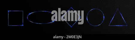 Blue neon light frames, empty banners with luminous effect isolated on transparent background. Glowing borders in circle, oval, square and triangle shape, vector realistic set Stock Vector