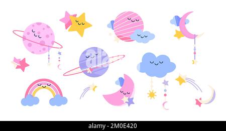 Baby room, nursery decoration with cute moon, rainbow, clouds, planets and stars. Pastel clipart in boho style for kids room with moon and stars characters, vector cartoon set Stock Vector