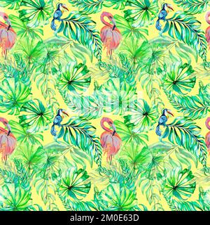 Tropical birds and palm leaves watercolor seamless pattern on yellow background. Animal print with flamingo and toucan hand painted. Exotic floral des Stock Photo