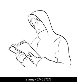 line art half length of man in hood reading book illustration vector hand drawn isolated on white background Stock Vector