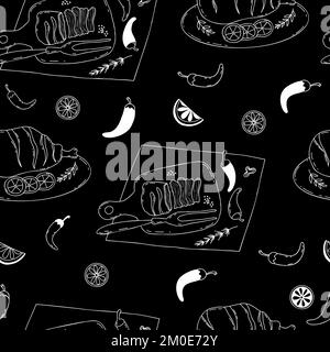 Seamless pattern with barbecue meat. Grilled beef and fried pork leg with chili and lime slices chalk line on black background. Vector illustration li Stock Vector