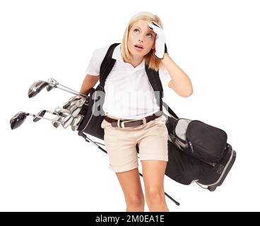 Oh no, looks like it might rain soon. Studio shot of a exhausted female golfer carrying her bag isolated on white. Stock Photo