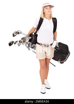 Getting into the right frame of mind before i reach the course. a beautiful young golfer carrying her bag isolated on white. Stock Photo