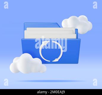 3D Blue Folder in Clouds with File Sync Icon Stock Vector