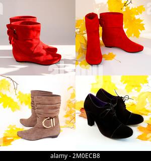 Three types of suede short ankle boots - red, black, beige. Black stiletto high heels shoes boots, red suede leather short angle boots, Beige brown su Stock Photo
