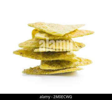 Tortilla chips with the flavor of jalapeno peppers isolated on the white background. Stock Photo