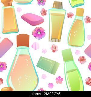 Shampoos and soaps with the scent of flowers. items seamless pattern. Cartoon style. Detergent for washing body and objects. Foaming hygiene liquid Stock Vector