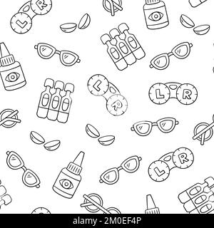 Ophthalmology, optometry hand drawn seamless pattern. Contact lenses, eye drops and glasses in doodle style. Optometry doodle pattern. Vector Stock Vector