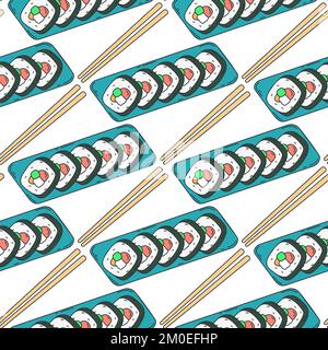Popular dish Korean cuisine Kimbap seamless pattern. Rolls background. Print asian food for textile, paper, packaging and product design vector Stock Vector