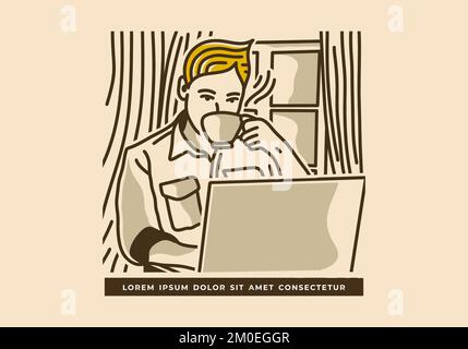 Vintage art illustration design of man drinking coffee in front of laptop Stock Vector