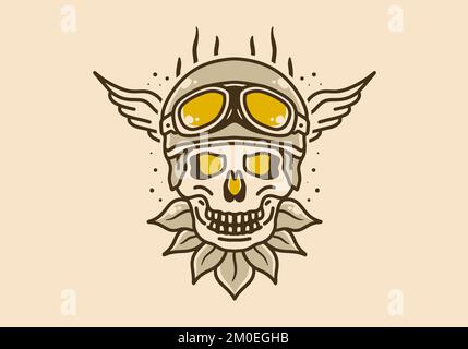 Vintage art illustration design of skull wearing a helmet and goggles with wings on the sides Stock Vector