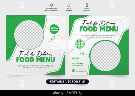 Fresh food menu advertisement web banner template design with abstract shapes. Restaurant food menu promotional poster design with green and white col Stock Vector