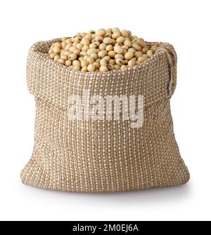 soybeans in burlap bag isolated on white background Stock Photo