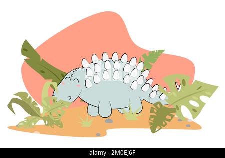 cheerful dinosaur at sunset with green leaves Stock Vector