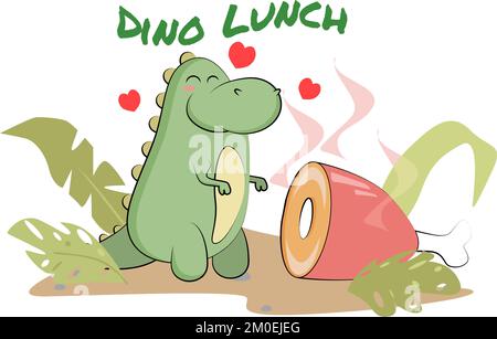 funny dinosaur came to dinner and eat a meat Stock Vector