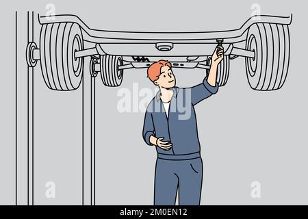 Automobile mechanic working under lifted car. Repairman doing repair, maintenance underneath auto in garage. Serviceman checking vehicle. Worker changing tires. Vector linear colored illustration. Stock Vector