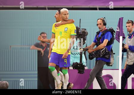 Richarlison of Brazil celebrates his goal 3-0 with Marquinhos during the FIFA World Cup 2022, Round of 16 football match between Brazil and Korea Republic on December 5, 2022 at Stadium 974 in Doha, Qatar - Photo: Sebastian El-saqqa/DPPI/LiveMedia Stock Photo