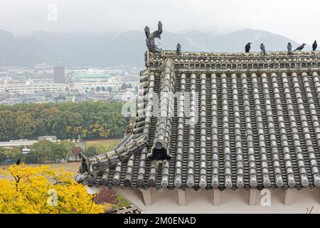 Himeji, Japan. Aerial view of the curved gables and rooftop tiles of the White Egret or Heron Castle, a castle complex from the Azuchi Momoyama period Stock Photo