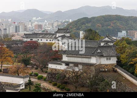 Himeji, Japan. Aerial view of the curved gables and rooftop tiles of the White Egret or Heron Castle, a castle complex from the Azuchi Momoyama period Stock Photo