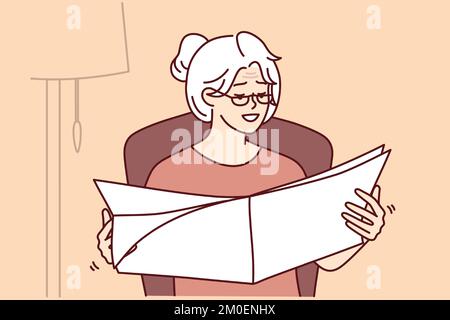 Elderly woman reads newspaper with latest news or announcements sitting in cozy home chair. Gray-haired mature lady in glasses is relaxing looking at favorite magazine. Flat vector illustration Stock Vector