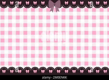 Cute pink kawaii horizontal background with gingham check and dark lace borders with bows Stock Vector