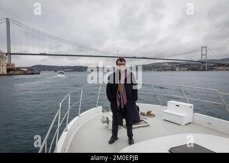 December 5, 2022: Famous Spanish novel writer Javier Cercas visited the Bosphorus and the Golden Horn by boat in Istanbul, Turkey on December 5, 2022. Javier Cercas, author of the novel Soldiers of Salamis, whose books have been translated into more than 20 languages, sold more than one million copies worldwide, won six literary awards in Spain, was made into a film by David Trueba and propelled him to international literary stardom, at the 39th International Istanbul Book Fair He had come to Istanbul for (Credit Image: © Tolga Ildun/ZUMA Press Wire) Stock Photo