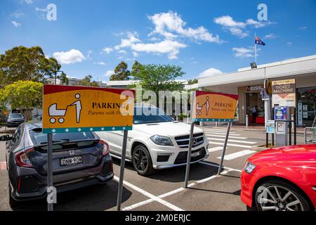 Car parking for parents with prams and babies at Newington shopping area in Sydney, NSW, Australia Stock Photo