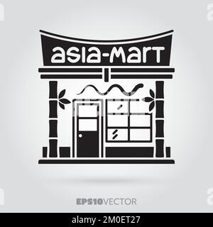 Asian food shop glyph icon. Cute little mini market storefront symbol. Solid black EPS 10 vector shop building. Stock Vector