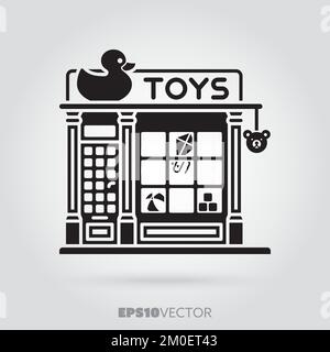 Toy store glyph icon. Cute little toys shop storefront symbol. Solid black EPS 10 vector shop building. Stock Vector