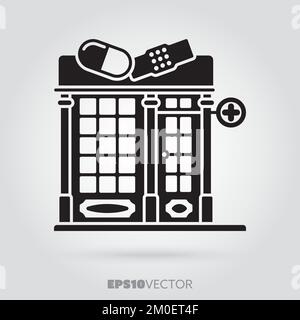 Drug store glyph icon. Cute little pharmacist storefront symbol. Solid black EPS 10 vector shop building. Stock Vector