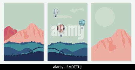 Set of Posters with Mountains, balloons and Moon.  Stock Vector