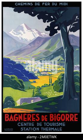 Chemins de fer du Midi. Bagnères de Bigorre. Centre de tourisme, station thermale by Dabo (1902–1979). Poster published in the 1930s in France. Stock Photo