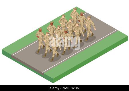 Isometric soldiers are marching. Special force crew. Military concept for army, soldiers and war. Military and RCMP in uniform and armed marching in a Stock Vector