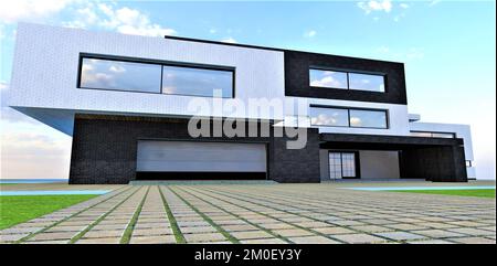 Concrete squre slabs as a pavement in front of the garage and the porch of the contemporary building finished with brick tile. 3d rendering. Stock Photo