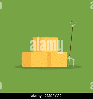 pitchfork and hay bales vector.Farm equipment with green background Stock Vector