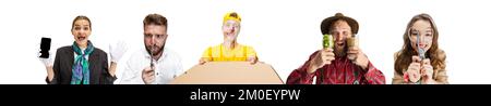Set of different people of different professions, stewardess, architect, delivery man, bavarian waiter, seamstress isolated over white background Stock Photo