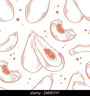 Exotic tropical fruits seamless pattern. Background hand engraved papaya isolated on white. Print healthy organic food. Template for textile, paper Stock Vector