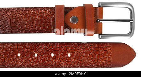 Ends of rufous leather belt isolated on white background Stock Photo