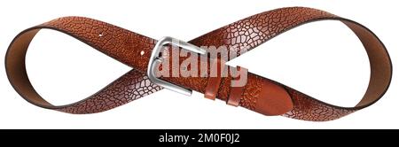 Rufous leather belt in shape of infinity sign isolated on white background. Top view Stock Photo